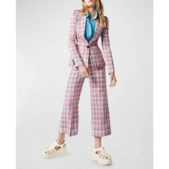 NWT $825 Smythe Box-Pleat Tailored Check Blazer in Begonia Check! - Picture 2 of 4